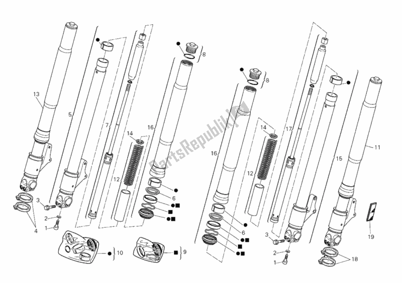 All parts for the Front Fork of the Ducati Monster S2R 800 USA 2005